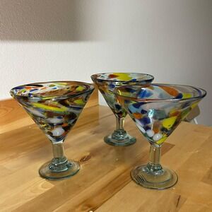 Set of‎ 3 Handblown Mexican Glass Margarita Glasses Swirl Confetti Colorful